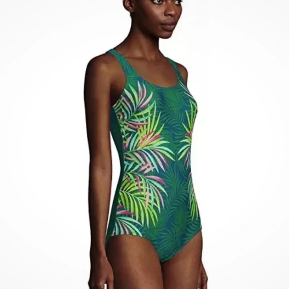 Lands End Blue Green Tropical Palm Leaf One Piece Swimsuit Size‎ 6 D